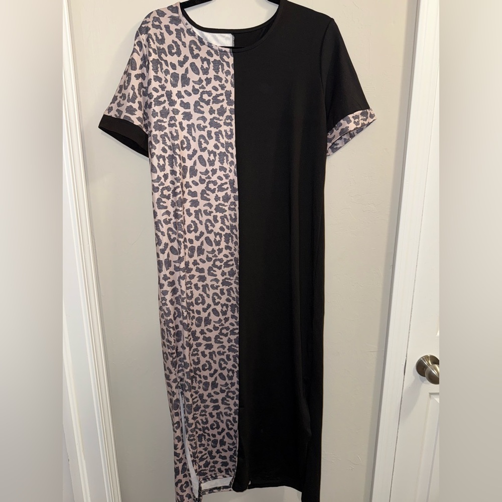 Cheetah leopard print color block split midi women’s dress size medium